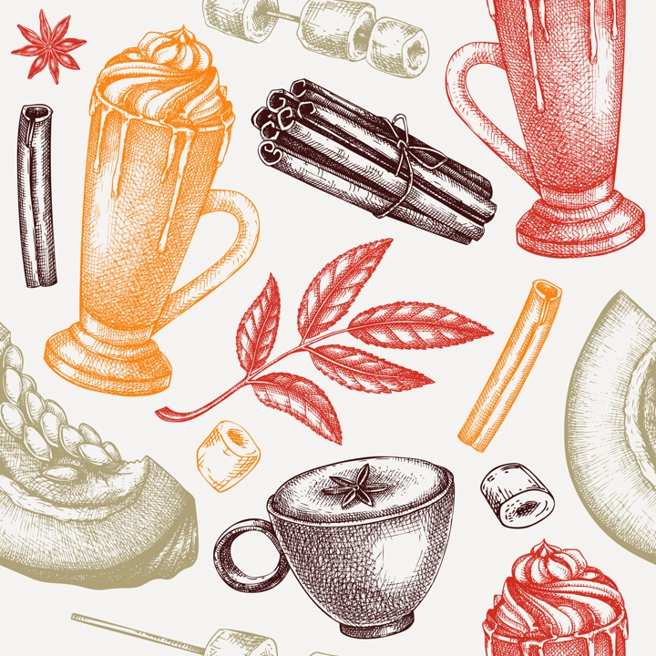 Morning coffee background. Sketched drink illustration. Pumpkin latte seamless pattern. Coffee with milk and spices sketch. Hot drink drawing isolated on white. Pumpkin latte backdrop